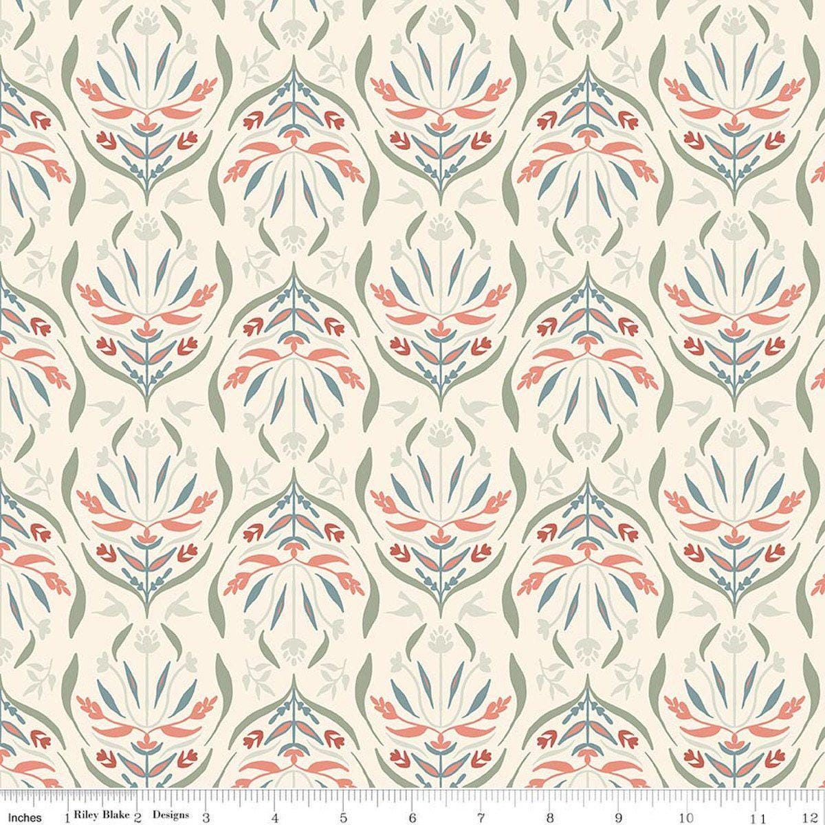 Image of Hedgerow Haven Damask Cream quilting cotton fabric by Amber Elliot for Riley Blake Designs. Features flowers on a cream background. Cute Little Fabric Shop.