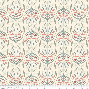 Image of Hedgerow Haven Damask Cream quilting cotton fabric by Amber Elliot for Riley Blake Designs. Features flowers on a cream background. Cute Little Fabric Shop.