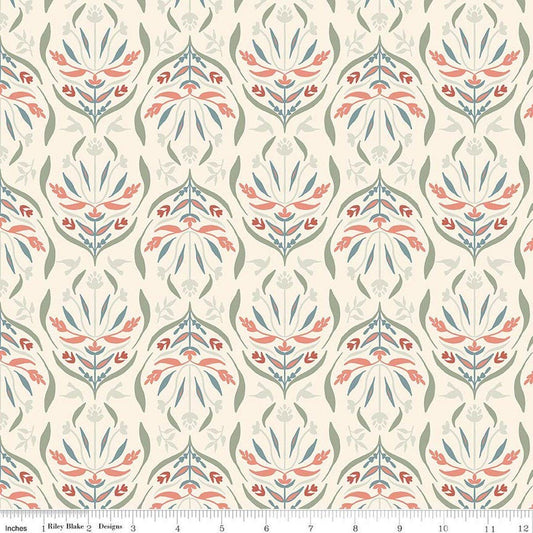 Image of Hedgerow Haven Damask Cream quilting cotton fabric by Amber Elliot for Riley Blake Designs. Features flowers on a cream background. Cute Little Fabric Shop.