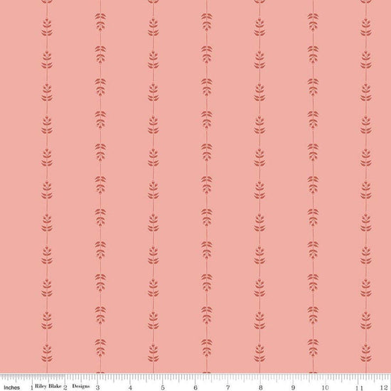 Image of Hedgerow Haven Floral Stripe Grapefruit quilting cotton fabric by Amber Elliot for Riley Blake Designs. Features flowers on a pink background. Cute Little Fabric Shop.