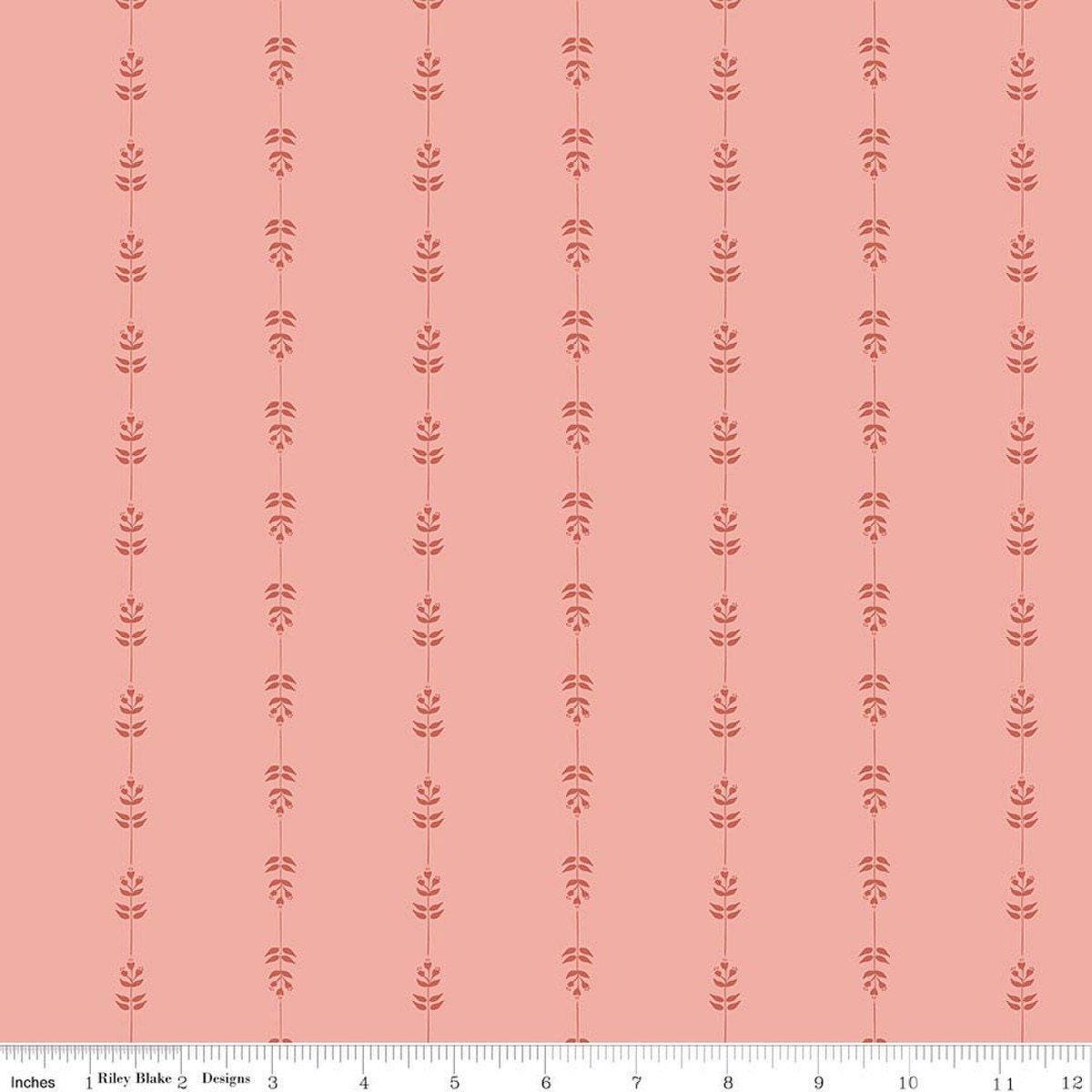 Image of Hedgerow Haven Floral Stripe Grapefruit quilting cotton fabric by Amber Elliot for Riley Blake Designs. Features flowers on a pink background. Cute Little Fabric Shop.