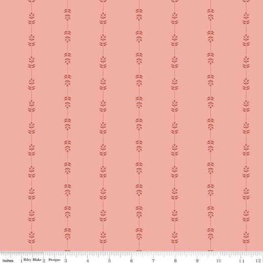 Image of Hedgerow Haven Floral Stripe Grapefruit quilting cotton fabric by Amber Elliot for Riley Blake Designs. Features flowers on a pink background. Cute Little Fabric Shop.