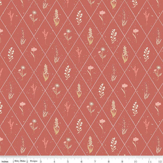 Image of Hedgerow Haven Floral Argyle Rose quilting cotton fabric by Amber Elliot for Riley Blake Designs. Features flowers on a pink background. Cute Little Fabric Shop.
