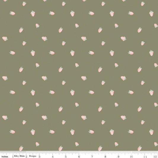 Image of Hedgerow Haven Strawberries Rosemary quilting cotton fabric by Amber Elliot for Riley Blake Designs. Features berries on a green background. Cute Little Fabric Shop.
