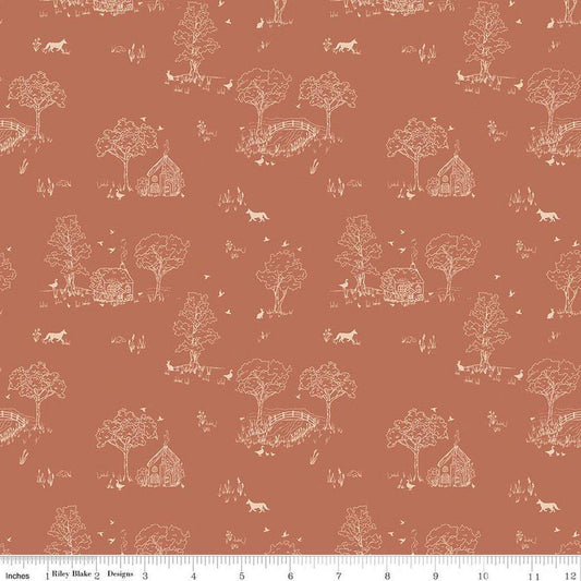 Image of Hedgerow Haven Toile Rusty quilting cotton fabric by Amber Elliot for Riley Blake Designs. Features nature landscape on a brown background. Cute Little Fabric Shop.