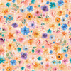 Image of Udderly Adorable Floral Toss Light Salmon quilting cotton fabric by Morris Creative Group for QT Fabrics. Features flowers on a pink background. Cute Little Fabric Shop.