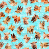 Image of Udderly Adorable Baby Cow Toss Light Turquoise quilting cotton fabric by Morris Creative Group for QT Fabrics. Features cows on a blue background. Cute Little Fabric Shop.