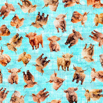 Image of Udderly Adorable Baby Cow Toss Light Turquoise quilting cotton fabric by Morris Creative Group for QT Fabrics. Features cows on a blue background. Cute Little Fabric Shop.