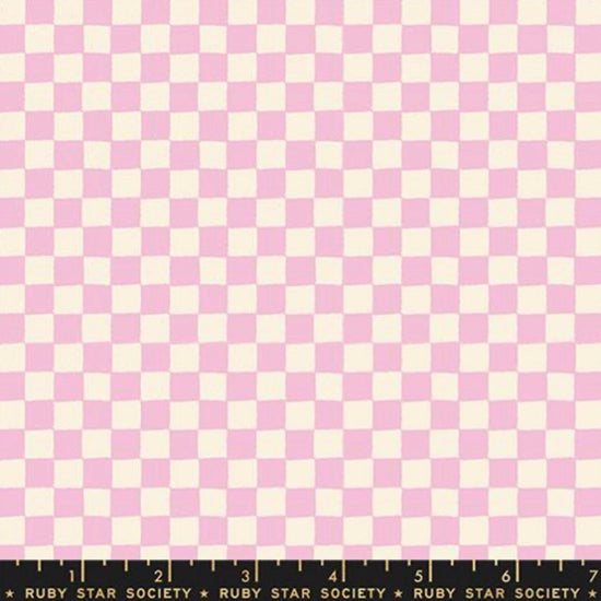 Image of 1 800 Calico Block Print Peony quilting cotton fabric by Alexia Abegg of Ruby Star Society for Moda Fabrics. Features checkers on a pink background. Cute Little Fabric Shop.