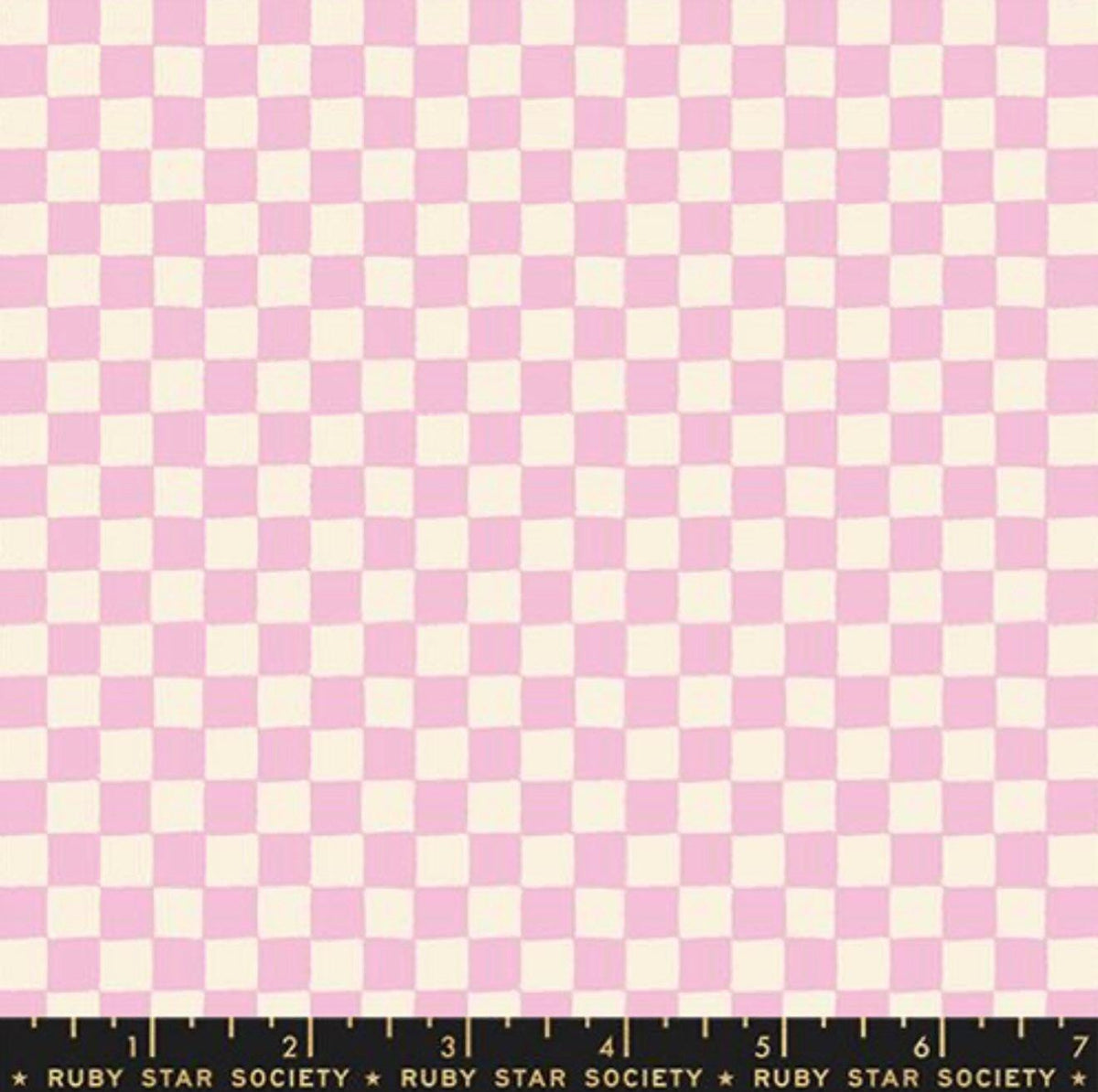 Image of 1 800 Calico Block Print Peony quilting cotton fabric by Alexia Abegg of Ruby Star Society for Moda Fabrics. Features checkers on a pink background. Cute Little Fabric Shop.