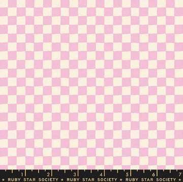 Image of 1 800 Calico Block Print Peony quilting cotton fabric by Alexia Abegg of Ruby Star Society for Moda Fabrics. Features checkers on a pink background. Cute Little Fabric Shop.