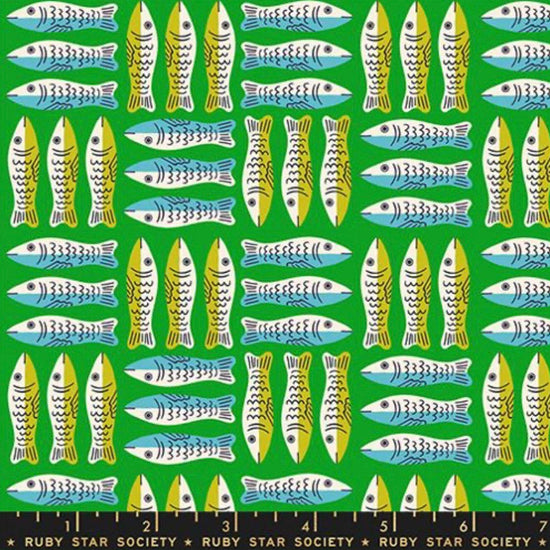 Image of 1 800 Calico Little Sardines Verdant quilting cotton fabric by Alexia Abegg of Ruby Star Society for Moda Fabrics. Features fish on a green background. Cute Little Fabric Shop.