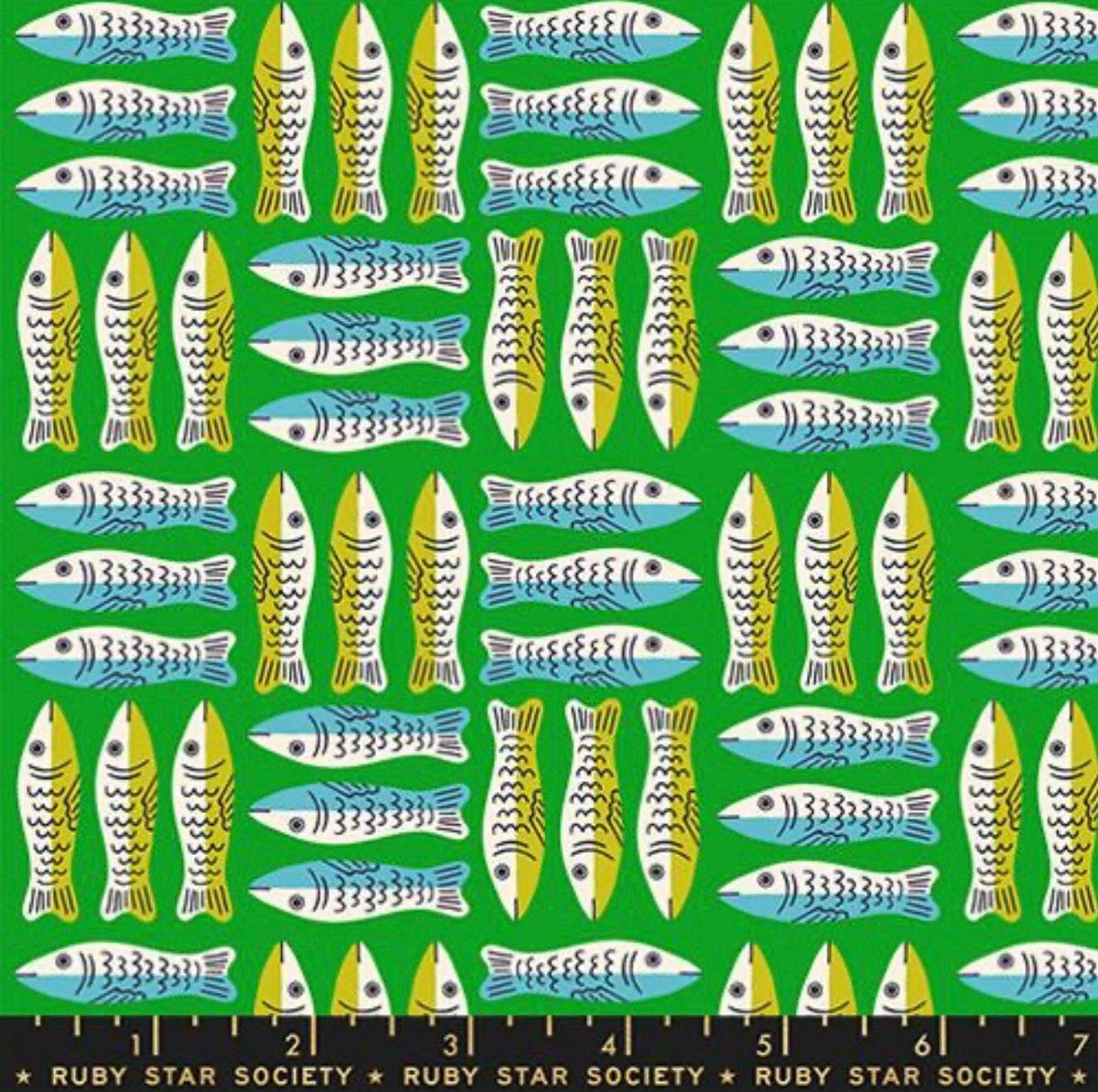 Image of 1 800 Calico Little Sardines Verdant quilting cotton fabric by Alexia Abegg of Ruby Star Society for Moda Fabrics. Features fish on a green background. Cute Little Fabric Shop.