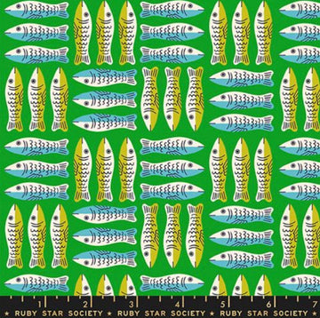 Image of 1 800 Calico Little Sardines Verdant quilting cotton fabric by Alexia Abegg of Ruby Star Society for Moda Fabrics. Features fish on a green background. Cute Little Fabric Shop.