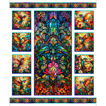 Flight of the Hummingbird Stained Glass Hummingbird Panel Multi Blue Floral Fabric - 32191 - QT Fabrics Quilting Cotton Fabric