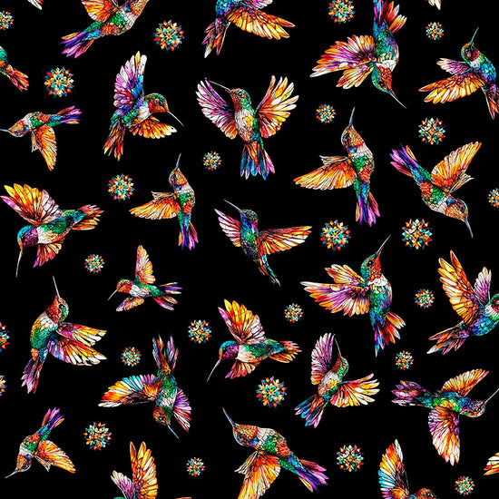 Image of Flight of the Hummingbird Hummingbirds Black quilting cotton fabric by Morris Creative Group for QT Fabrics. Features hummingbirds on a black background. Cute Little Fabric Shop.