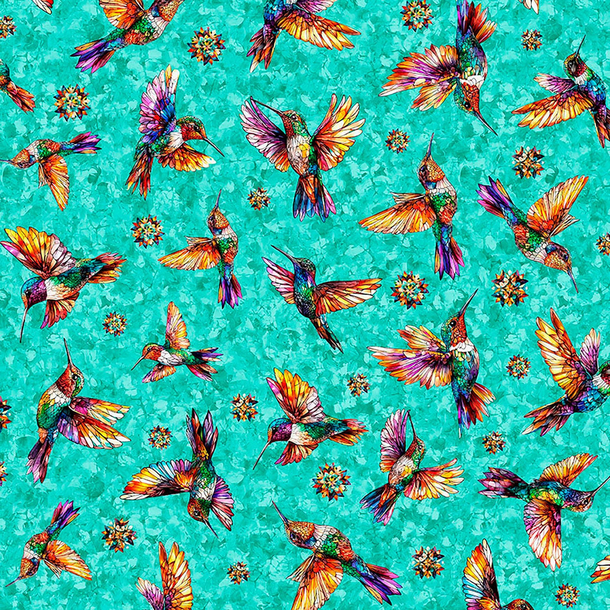 Image of Flight of the Hummingbird Hummingbirds Turquoise quilting cotton fabric by Morris Creative Group for QT Fabrics. Features hummingbirds on a turquoise background. Cute Little Fabric Shop.