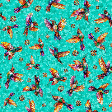 Image of Flight of the Hummingbird Hummingbirds Turquoise quilting cotton fabric by Morris Creative Group for QT Fabrics. Features hummingbirds on a turquoise background. Cute Little Fabric Shop.