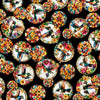 Image of Flight of the Hummingbird Stained Glass Hummingbird Circles Black quilting cotton fabric by Morris Creative Group for QT Fabrics. Features hummingbirds and flowers on a black background. Cute Little Fabric Shop.
