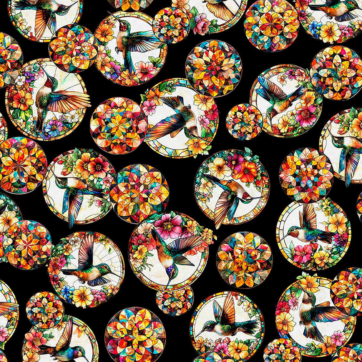 Image of Flight of the Hummingbird Stained Glass Hummingbird Circles Black quilting cotton fabric by Morris Creative Group for QT Fabrics. Features hummingbirds and flowers on a black background. Cute Little Fabric Shop.