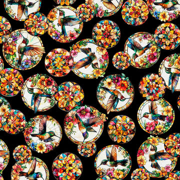Image of Flight of the Hummingbird Stained Glass Hummingbird Circles Black quilting cotton fabric by Morris Creative Group for QT Fabrics. Features hummingbirds and flowers on a black background. Cute Little Fabric Shop.