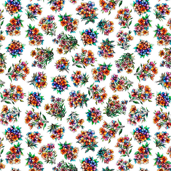 Image of Flight of the Hummingbird Floral Bouquets quilting cotton fabric by Morris Creative Group for QT Fabrics. Features flowers on a white background. Cute Little Fabric Shop.