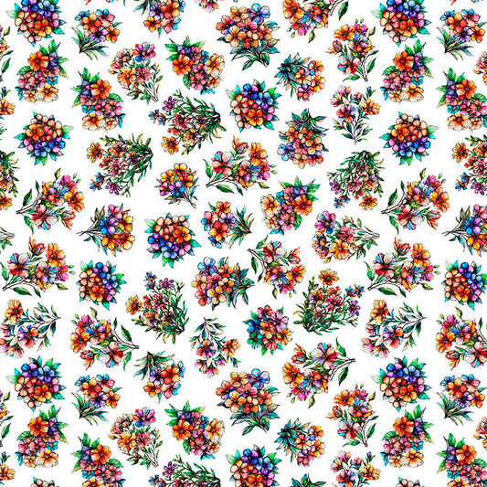 Image of Flight of the Hummingbird Floral Bouquets quilting cotton fabric by Morris Creative Group for QT Fabrics. Features flowers on a white background. Cute Little Fabric Shop.