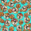 Image of Flight of the Hummingbird Stained Glass Hummingbird Circles Turquoise quilting cotton fabric by Morris Creative Group for QT Fabrics. Features hummingbirds and flowers on a blue background. Cute Little Fabric Shop.