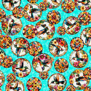 Image of Flight of the Hummingbird Stained Glass Hummingbird Circles Turquoise quilting cotton fabric by Morris Creative Group for QT Fabrics. Features hummingbirds and flowers on a blue background. Cute Little Fabric Shop.