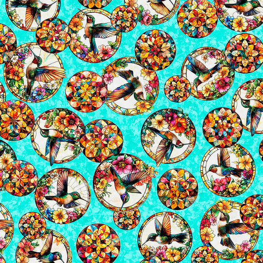 Image of Flight of the Hummingbird Stained Glass Hummingbird Circles Turquoise quilting cotton fabric by Morris Creative Group for QT Fabrics. Features hummingbirds and flowers on a blue background. Cute Little Fabric Shop.