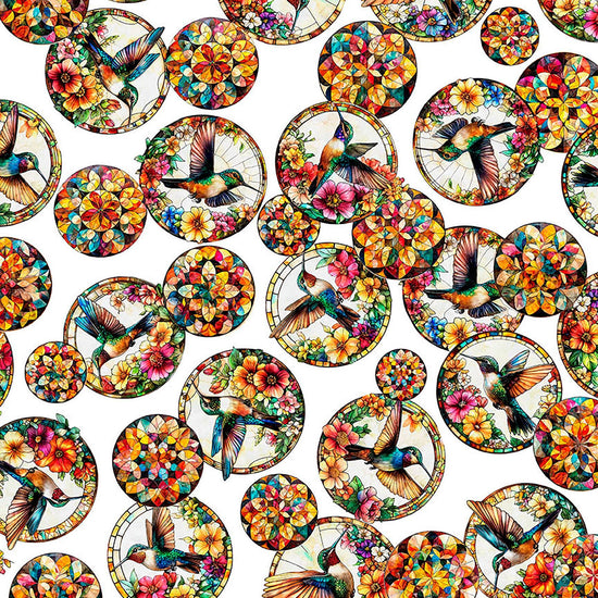 Image of Flight of the Hummingbird Stained Glass Hummingbird Circles quilting cotton fabric by Morris Creative Group for QT Fabrics. Features hummingbirds and flowers on a white background. Cute Little Fabric Shop.