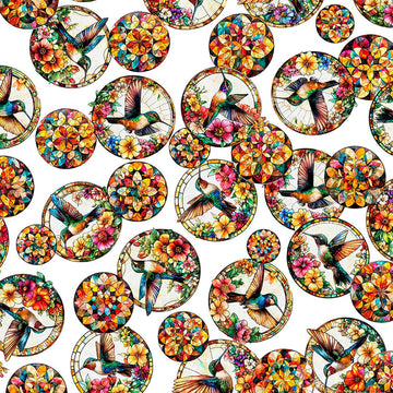 Image of Flight of the Hummingbird Stained Glass Hummingbird Circles quilting cotton fabric by Morris Creative Group for QT Fabrics. Features hummingbirds and flowers on a white background. Cute Little Fabric Shop.