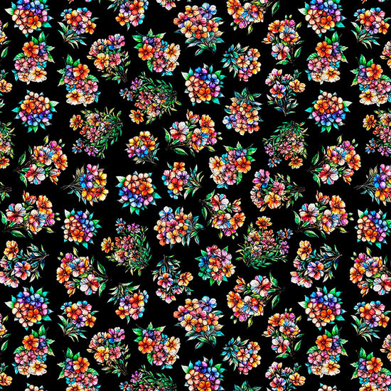 Image of Flight of the Hummingbird Floral Bouquets Black quilting cotton fabric by Morris Creative Group for QT Fabrics. Features flowers on a black background. Cute Little Fabric Shop.