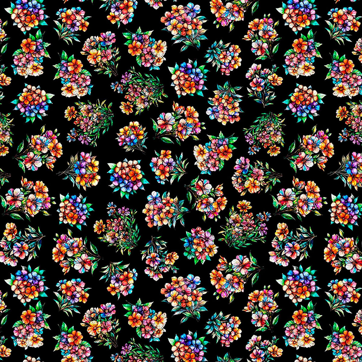 Image of Flight of the Hummingbird Floral Bouquets Black quilting cotton fabric by Morris Creative Group for QT Fabrics. Features flowers on a black background. Cute Little Fabric Shop.