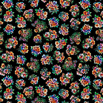 Image of Flight of the Hummingbird Floral Bouquets Black quilting cotton fabric by Morris Creative Group for QT Fabrics. Features flowers on a black background. Cute Little Fabric Shop.