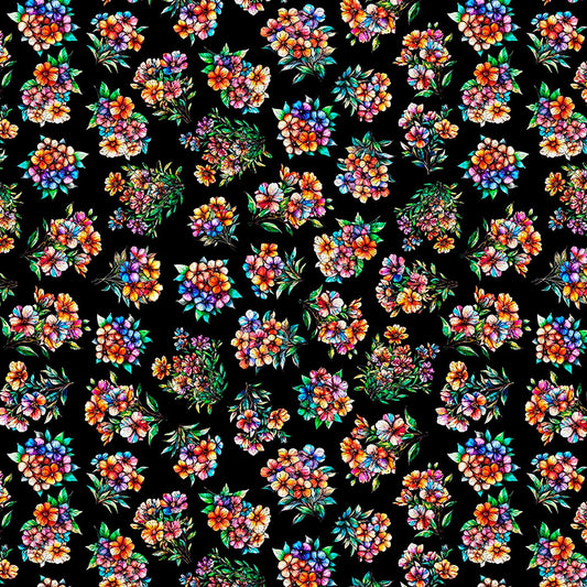 Image of Flight of the Hummingbird Floral Bouquets Black quilting cotton fabric by Morris Creative Group for QT Fabrics. Features flowers on a black background. Cute Little Fabric Shop.