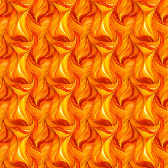 Image of Dreamweaver Flames Orange quilting cotton fabric by Morris Creative Group for QT Fabrics. Features an abstract pattern on an orange background. Cute Little Fabric Shop.