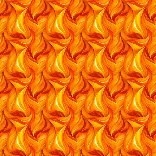 Image of Dreamweaver Flames Orange quilting cotton fabric by Morris Creative Group for QT Fabrics. Features an abstract pattern on an orange background. Cute Little Fabric Shop.