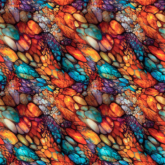 Image of Dreamweaver Riverdance Multi quilting cotton fabric by Morris Creative Group for QT Fabrics. Features an abstract pattern on a rainbow background. Cute Little Fabric Shop.