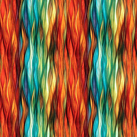 Image of Dreamweaver Color Wave Burnt Orange quilting cotton fabric by Morris Creative Group for QT Fabrics. Features an abstract pattern on an orange background. Cute Little Fabric Shop.