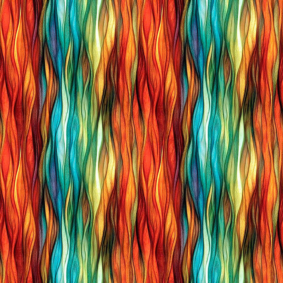 Image of Dreamweaver Color Wave Burnt Orange quilting cotton fabric by Morris Creative Group for QT Fabrics. Features an abstract pattern on an orange background. Cute Little Fabric Shop.