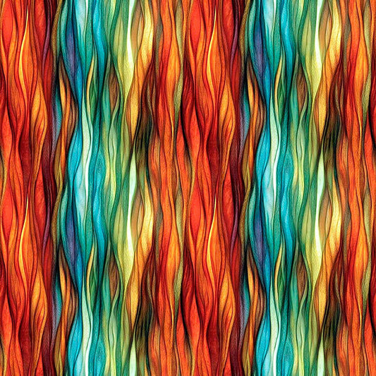 Image of Dreamweaver Color Wave Burnt Orange quilting cotton fabric by Morris Creative Group for QT Fabrics. Features an abstract pattern on an orange background. Cute Little Fabric Shop.
