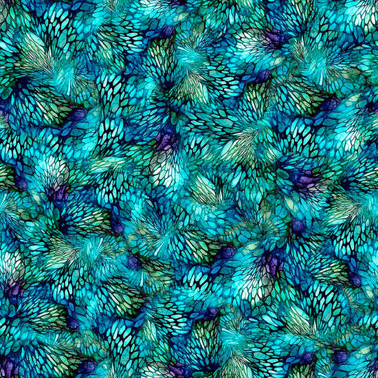 Image of Dreamweaver Color Whirl Turquoise quilting cotton fabric by Morris Creative Group for QT Fabrics. Features an abstract pattern on a blue background. Cute Little Fabric Shop.