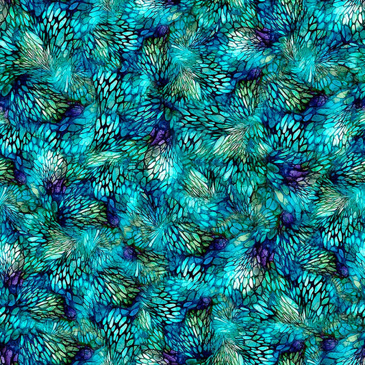 Image of Dreamweaver Color Whirl Turquoise quilting cotton fabric by Morris Creative Group for QT Fabrics. Features an abstract pattern on a blue background. Cute Little Fabric Shop.