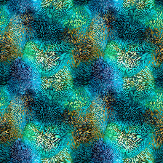Image of Dreamweaver Color Burst Ocean Jade quilting cotton fabric by Morris Creative Group for QT Fabrics. Features an abstract pattern on a blue green background. Cute Little Fabric Shop.