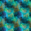 Image of Dreamweaver Color Burst Ocean Jade quilting cotton fabric by Morris Creative Group for QT Fabrics. Features an abstract pattern on a blue green background. Cute Little Fabric Shop.