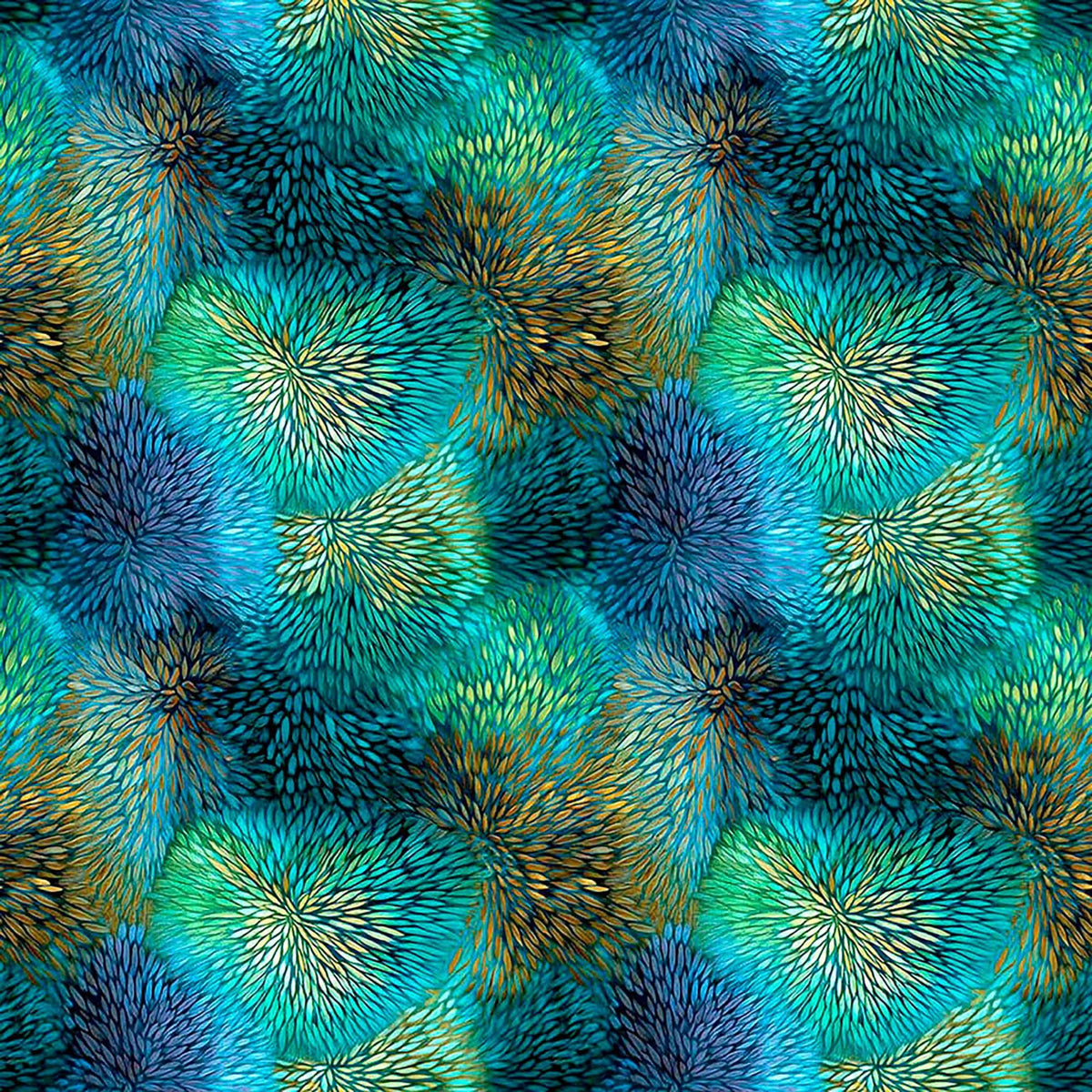 Image of Dreamweaver Color Burst Ocean Jade quilting cotton fabric by Morris Creative Group for QT Fabrics. Features an abstract pattern on a blue green background. Cute Little Fabric Shop.