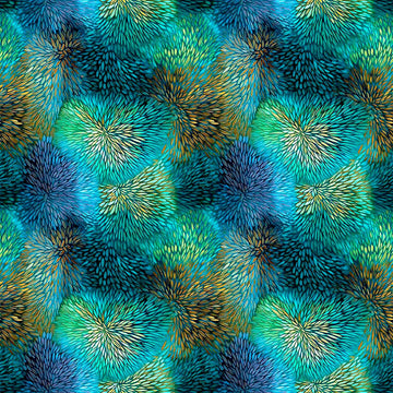 Image of Dreamweaver Color Burst Ocean Jade quilting cotton fabric by Morris Creative Group for QT Fabrics. Features an abstract pattern on a blue green background. Cute Little Fabric Shop.