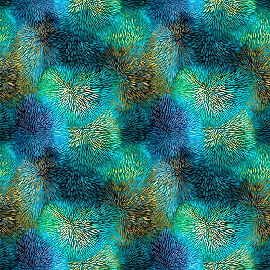 Image of Dreamweaver Color Burst Ocean Jade quilting cotton fabric by Morris Creative Group for QT Fabrics. Features an abstract pattern on a blue green background. Cute Little Fabric Shop.