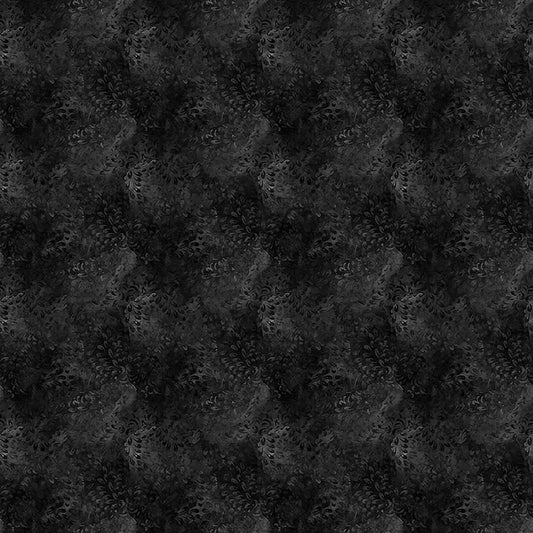 Image of Dreamweaver Blender Charcoal quilting cotton fabric by Morris Creative Group for QT Fabrics. Features an abstract pattern on a black background. Cute Little Fabric Shop.